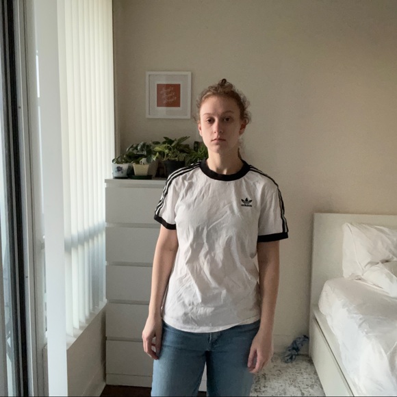 White and Black Adidas Stripe Tshirt S - Picture 2 of 4
